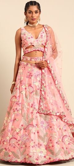 Bridal, Designer, Wedding Pink and Majenta color Lehenga in Organza Silk fabric with Flared Embroidered, Sequence, Zircon work : 1923846