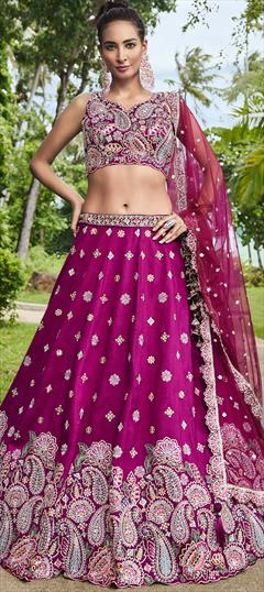 Bridal, Designer, Wedding Beige and Brown color Lehenga in Satin Silk fabric with Flared Embroidered, Sequence, Zircon work : 1923853