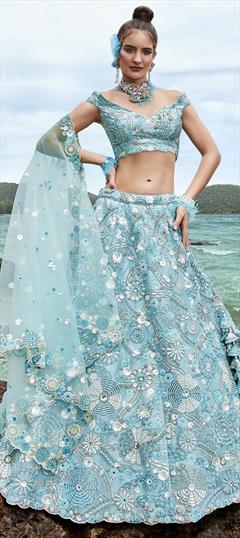 Bridal, Designer, Wedding Blue color Lehenga in Organza Silk fabric with Flared Embroidered, Sequence, Zircon work : 1923857