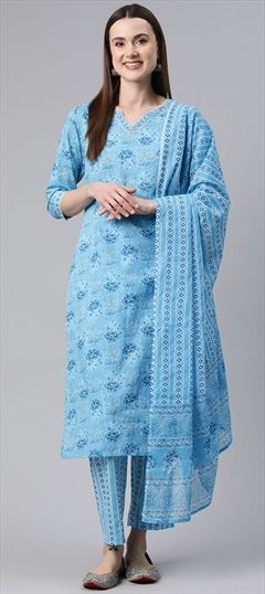 Festive, Summer Blue color Salwar Kameez in Cotton fabric with Straight Floral, Printed, Sequence work : 1923882