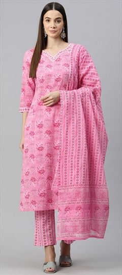Festive, Summer Pink and Majenta color Salwar Kameez in Cotton fabric with Straight Floral, Printed, Sequence work : 1923883