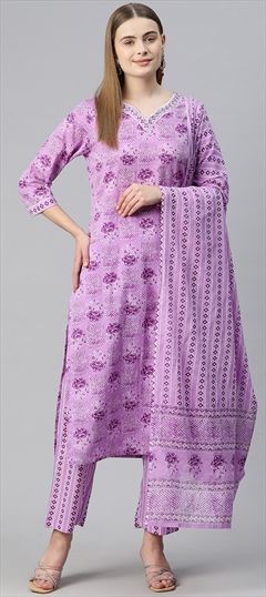 Festive, Summer Purple and Violet color Salwar Kameez in Cotton fabric with Straight Floral, Printed, Sequence work : 1923884