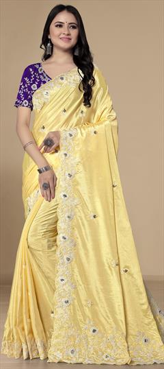 Festive, Party Wear, Reception Yellow color Saree in Chiffon fabric with Classic Embroidered, Resham, Thread work : 1923904