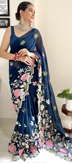 Reception, Wedding Blue color Saree in Georgette fabric with Classic Embroidered, Resham, Sequence, Thread work : 1923914
