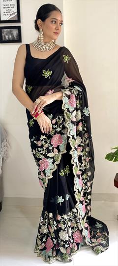 Reception, Wedding Black and Grey color Saree in Georgette fabric with Classic Embroidered, Resham, Sequence, Thread work : 1923915