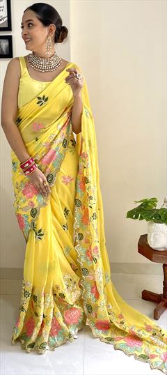 Reception, Wedding Yellow color Saree in Georgette fabric with Classic Embroidered, Resham, Sequence, Thread work : 1923916