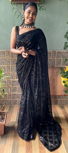 Party Wear, Reception, Wedding Black and Grey color Saree in Georgette fabric with Classic Embroidered, Sequence, Thread work : 1923917