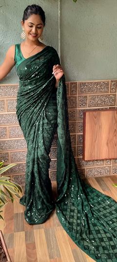 Party Wear, Reception, Wedding Green color Saree in Georgette fabric with Classic Embroidered, Sequence, Thread work : 1923926