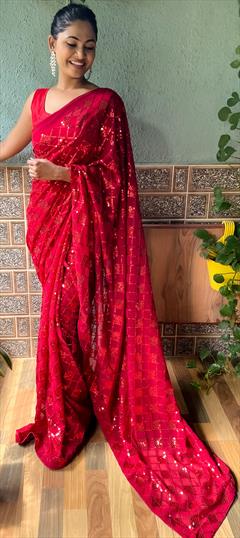 Party Wear, Reception, Wedding Red and Maroon color Saree in Georgette fabric with Classic Embroidered, Sequence, Thread work : 1923929