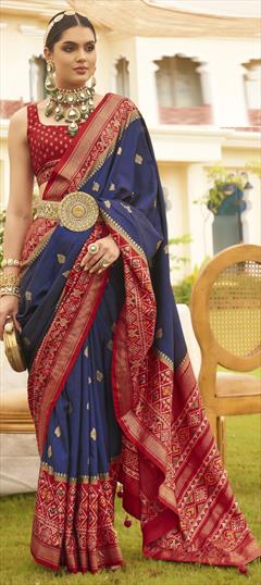 Party Wear, Traditional Blue, Red and Maroon color Saree in Patola Silk, Silk fabric with South Printed, Weaving, Zari work : 1923957