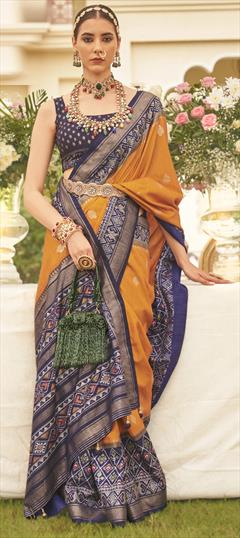 Party Wear, Traditional Orange color Saree in Patola Silk, Silk fabric with South Printed, Weaving, Zari work : 1923958