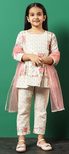 Festive, Summer Beige and Brown, Pink and Majenta color Girls Top with Bottom in Cotton fabric with Anarkali Floral, Gota Patti, Printed work : 1923983