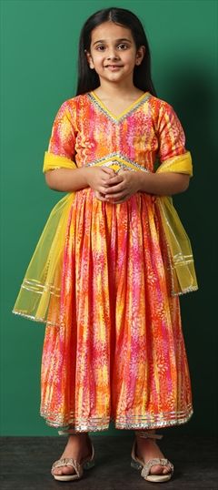 Festive, Summer Yellow color Kids Lehenga in Cotton, Net fabric with Flared Gota Patti, Printed work : 1923986