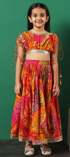 Festive, Summer, Wedding Pink and Majenta color Kids Lehenga in Cotton fabric with Flared Gota Patti, Printed work : 1923990