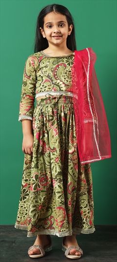 Festive, Summer, Wedding Green color Kids Lehenga in Cotton fabric with Flared Foil Print, Lace, Printed work : 1924003