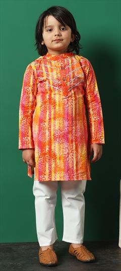Festive, Summer Orange color Boys Kurta Pyjama in Cotton fabric with Gota Patti, Printed work : 1924011