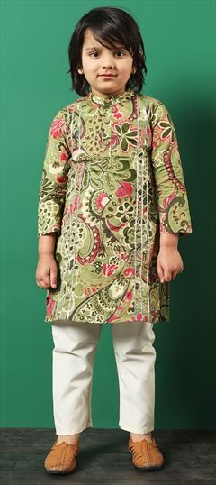 Festive, Party Wear, Summer Green color Boys Kurta Pyjama in Cotton fabric with Gota Patti, Printed work : 1924014