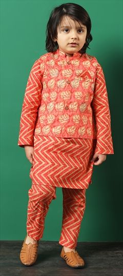 Festive, Summer Pink and Majenta color Boys Kurta Pyjama with Jacket in Cotton fabric with Printed, Thread, Zari work : 1924026