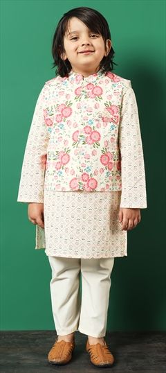 Festive, Summer, Wedding Beige and Brown color Boys Kurta Pyjama with Jacket in Cotton fabric with Floral, Printed work : 1924027