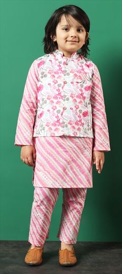 Festive, Summer Pink and Majenta, White and Off White color Boys Kurta Pyjama with Jacket in Cotton fabric with Printed work : 1924028
