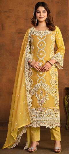 Festive, Reception Yellow color Salwar Kameez in Organza Silk fabric with Pakistani, Straight Embroidered, Resham, Sequence, Thread work : 1924060