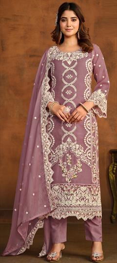 Festive, Reception Purple and Violet color Salwar Kameez in Organza Silk fabric with Pakistani, Straight Embroidered, Resham, Sequence, Thread work : 1924062
