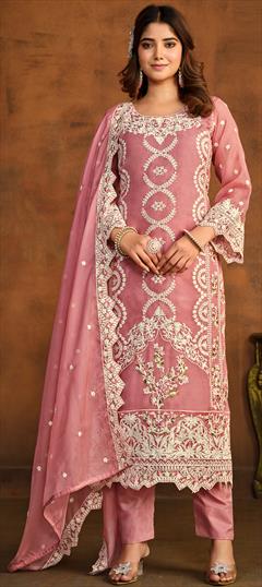 Festive, Reception Pink and Majenta color Salwar Kameez in Organza Silk fabric with Pakistani, Straight Embroidered, Resham, Sequence, Thread work : 1924064