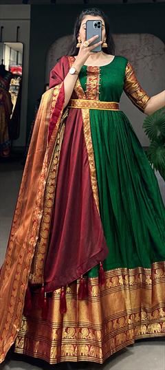 Festive, Party Wear, Reception Green color Gown in Cotton fabric with Weaving, Zari work : 1924065
