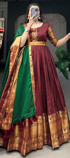 Festive, Party Wear, Reception Red and Maroon color Gown in Cotton fabric with Weaving, Zari work : 1924066