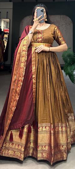 Festive, Party Wear, Reception Yellow color Gown in Cotton fabric with Weaving, Zari work : 1924069