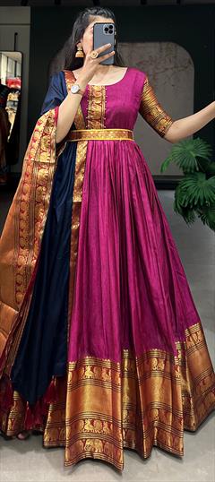Festive, Party Wear, Reception Pink and Majenta color Gown in Cotton fabric with Weaving, Zari work : 1924071