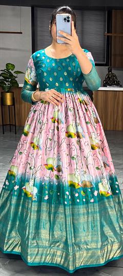 Festive, Reception Blue, Pink and Majenta color Gown in Dolla Silk fabric with Printed work : 1924074