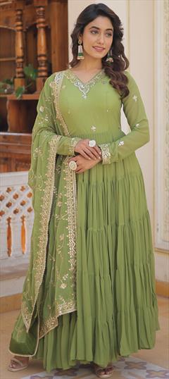 Festive, Party Wear, Reception Green color Gown in Georgette fabric with Embroidered, Sequence, Thread work : 1924080