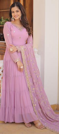 Festive, Party Wear, Reception Purple and Violet color Gown in Georgette fabric with Embroidered, Sequence, Thread work : 1924082