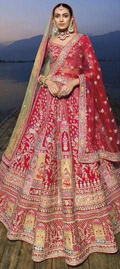 Bridal, Wedding Red and Maroon color Lehenga in Silk fabric with Flared Bugle Beads, Embroidered, Sequence, Stone, Thread work : 1924086