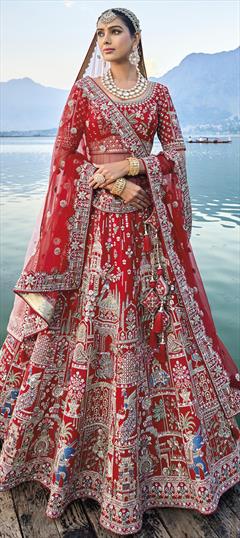 Bridal, Wedding Red and Maroon color Lehenga in Silk fabric with Flared Bugle Beads, Embroidered, Sequence, Stone, Thread work : 1924087