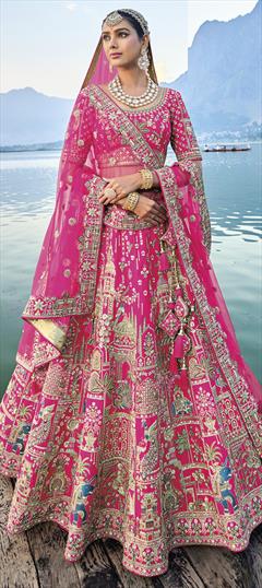 Bridal, Wedding Pink and Majenta color Lehenga in Silk fabric with Flared Bugle Beads, Embroidered, Sequence, Stone, Thread work : 1924088