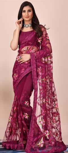 Festive, Reception, Wedding Purple and Violet color Saree in Net fabric with Classic Embroidered, Resham, Thread work : 1924172