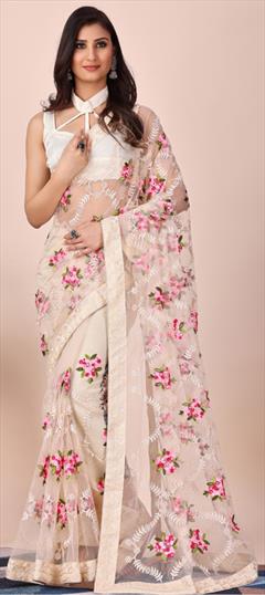 Festive, Reception, Wedding Beige and Brown color Saree in Net fabric with Classic Embroidered, Resham, Thread work : 1924173