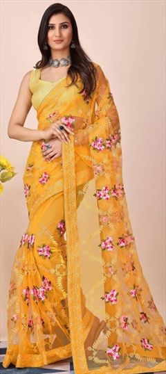 Festive, Reception, Wedding Yellow color Saree in Net fabric with Classic Embroidered, Resham, Thread work : 1924175