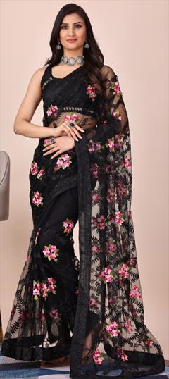 Festive, Reception, Wedding Black and Grey color Saree in Net fabric with Classic Embroidered, Resham, Thread work : 1924176