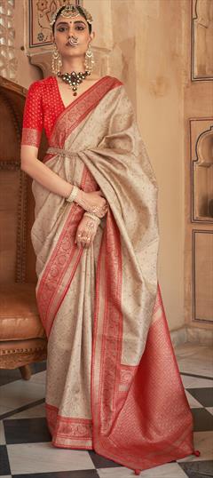 Bridal, Wedding Beige and Brown, Red and Maroon color Saree in Banarasi Silk fabric with South Weaving, Zari work : 1924190