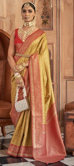 Bridal, Wedding Orange color Saree in Banarasi Silk fabric with South Weaving, Zari work : 1924194