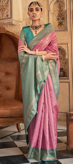 Bridal, Wedding Blue, Pink and Majenta color Saree in Banarasi Silk fabric with South Weaving, Zari work : 1924195