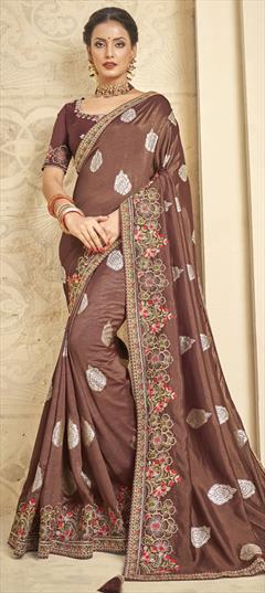 Party Wear, Traditional Beige and Brown color Saree in Cotton fabric with Bengali Embroidered, Thread work : 1924273
