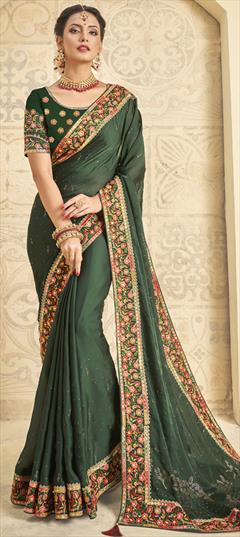 Party Wear, Traditional Green color Saree in Satin Silk fabric with South Embroidered, Stone, Thread, Zari work : 1924275