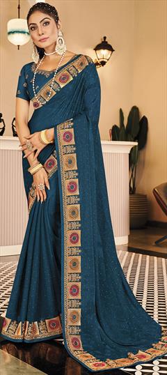 Festive, Reception, Wedding Blue color Saree in Shimmer fabric with Classic Embroidered, Stone, Swarovski, Thread work : 1924281