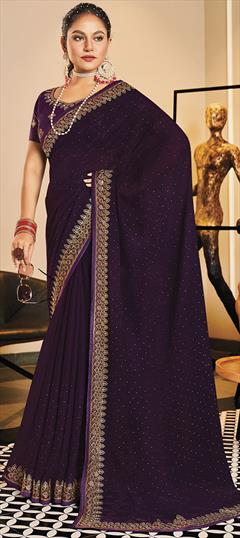 Festive, Reception, Wedding Purple and Violet color Saree in Shimmer fabric with Classic Embroidered, Stone, Swarovski, Thread work : 1924288
