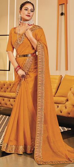Festive, Reception, Wedding Yellow color Saree in Shimmer fabric with Classic Embroidered, Stone, Swarovski, Thread work : 1924289