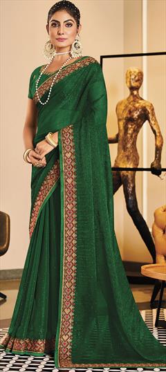 Festive, Reception, Wedding Green color Saree in Shimmer fabric with Classic Embroidered, Stone, Swarovski, Thread work : 1924291